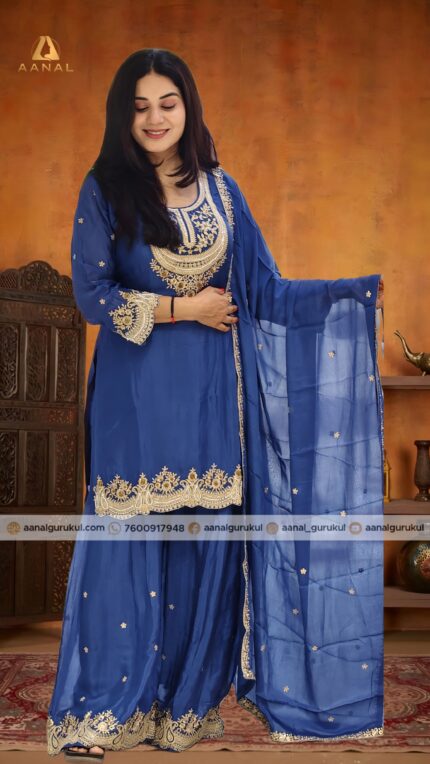 Royal Blue Pure Chinon Sharara-Palazzo Suit Set
